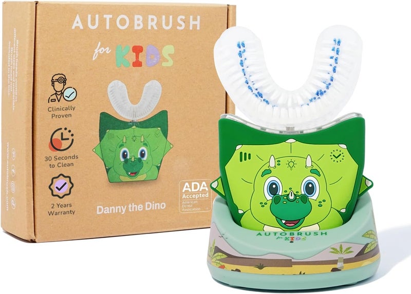 AutoBrush Kids Electric Toothbrush – Only ADA Accepted U-Shaped Toothbrush, Clinically Proven Up to 5.1X Better Cleaning, 30 Seconds, Full-Mouth 360 Coverage, LED Lights, Music, Ages 6-8, Dinosaur - Image 1